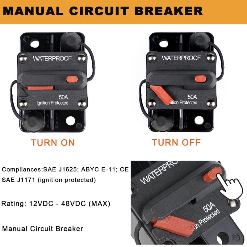 RVCAZON 50 Amp Circuit Breaker Trolling with Manual Reset Car Marine Trolling Motors Boat ATV Manual Power Protect for Audio System Fuse 12V-48VDC Waterproof (50Amp) - Image 4